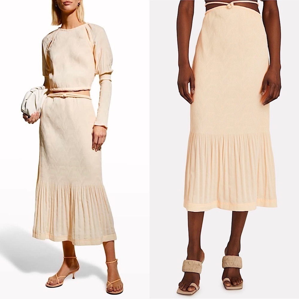 NWT SIMKHAI Peach Geo Plisse Pleated Cutout Waist Tie Ruffle Hem Midi Skirt 12